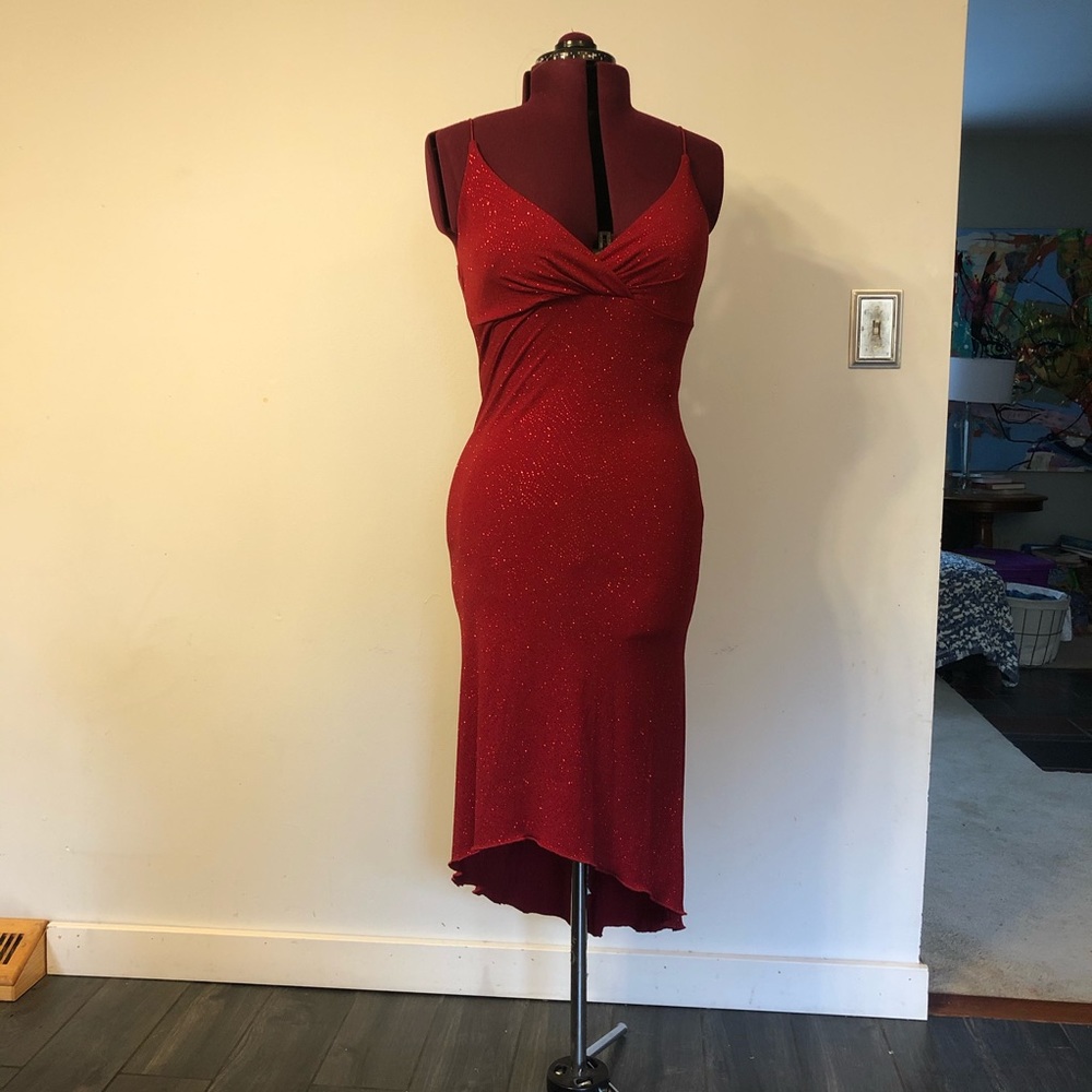 Red Sparkly Asymmetrical Dress w/ Spaghetti Straps